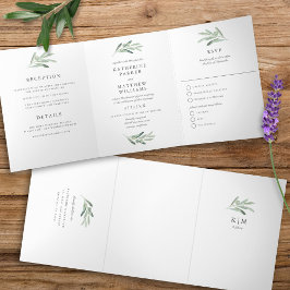 Invitation Trois Volets Élégant Mariage tout-en-un à branche d'olive aquar