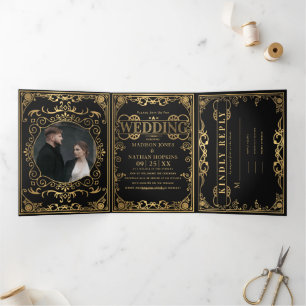 Invitation Trois Volets Élégant Mariage victorien Steampunk 