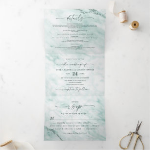 Invitation Trois Volets Elégant Mint Pastel Vert Marbre métallique Mariage