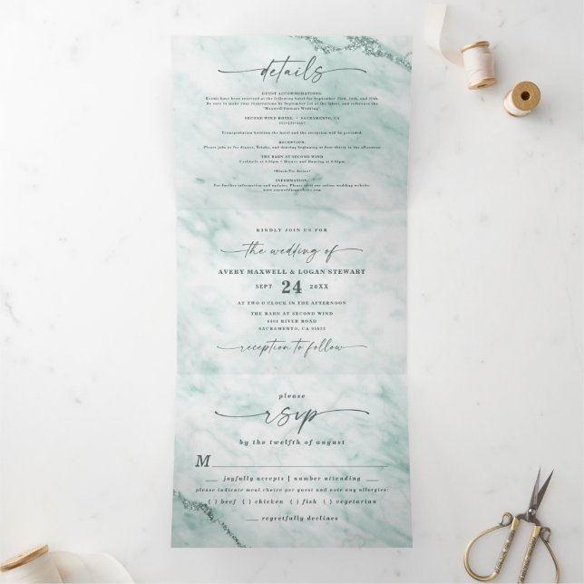Invitation Trois Volets Elégant Mint Pastel Vert Marbre métallique Mariage (Intérieur)