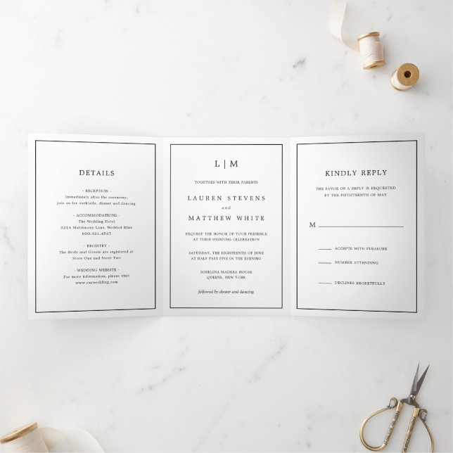 Invitation Trois Volets Elegant Modern Monogram Simple Wedding (Intérieur)