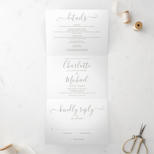 Invitation Trois Volets Élégant moderne Sage Green Script Mariage photo (Intérieur)