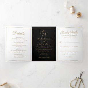 Invitation Trois Volets Élégant Monogramme Photo Black Gold Formal Mariage