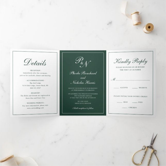 Invitation Trois Volets Élégant Monogramme Photo de Mariage Formel Vert Fo (Intérieur)
