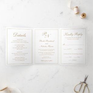 Invitation Trois Volets Élégant Monogramme Photo officielle Faux Gold Mari
