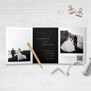 Invitation Trois Volets Elégant Noir Mariage RSVP Détails QR Code Photo