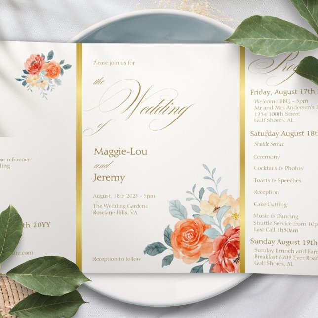 Invitation Trois Volets Élégant or Blush Floral Script Mariage (Créateur téléchargé)