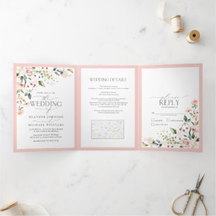Invitation Trois Volets Elégant Peach Rose Aquarelle Mariage Floral