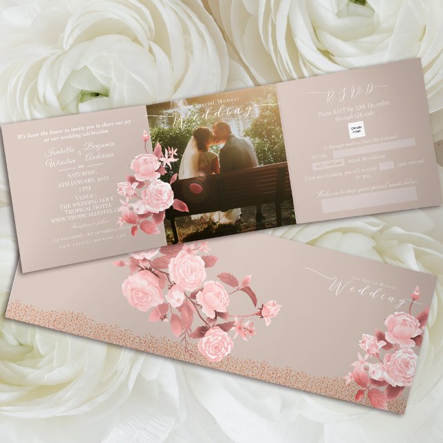 Invitation Trois Volets Élégant Rose chic Mariage (Chic Rose Wedding Folding Photo Wedding Invitation Card.)