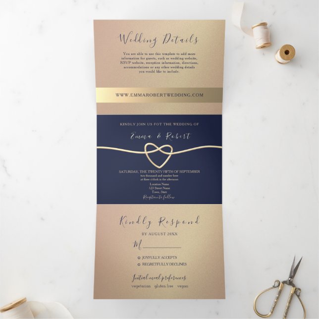Invitation Trois Volets Elégant Rose Gold et Mariage bleu marine (Intérieur)