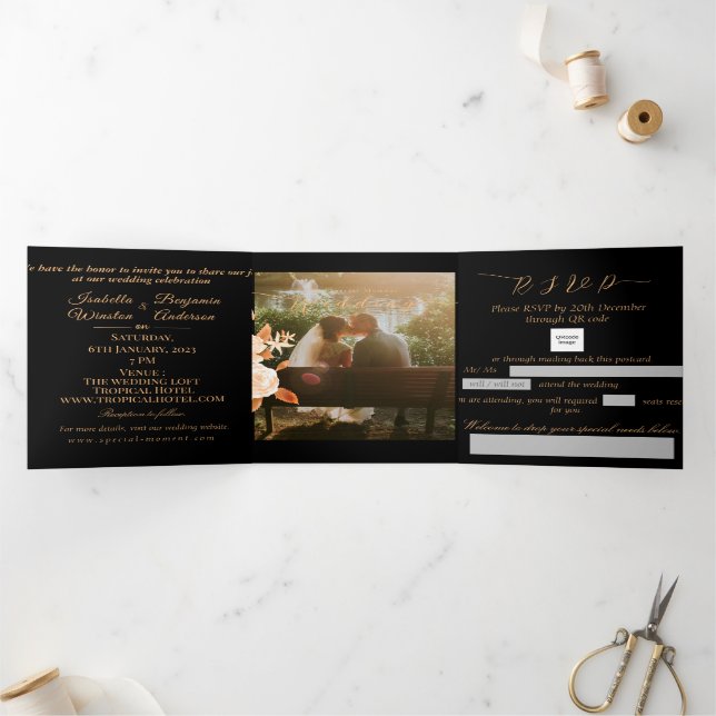 Invitation Trois Volets Élégant Rose or Mariage noir (Intérieur)