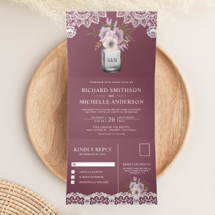 Invitation Trois Volets Élégant Rose Poussiéreux Floral Jar Mariage Dentel