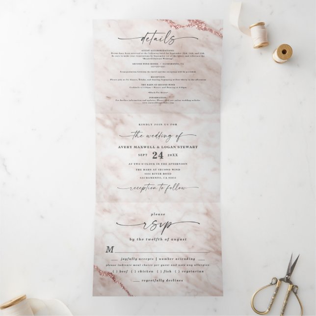 Invitation Trois Volets Elégant Rose rose  en marbre métallique Mariage (Intérieur)