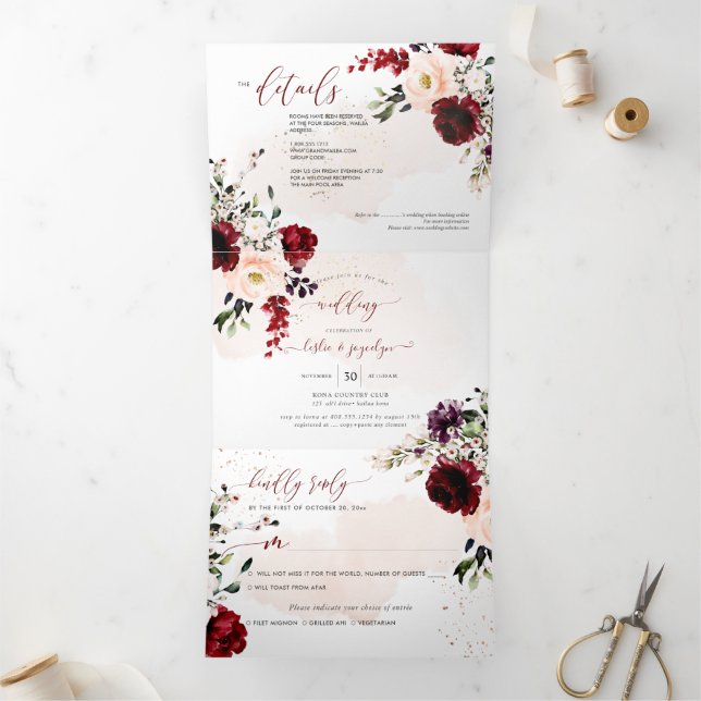 Invitation Trois Volets Elégant Rustique Blush Bourgogne Aquarelle Fleurs (Intérieur)