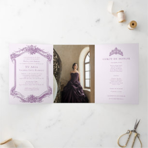 Invitation Trois Volets Elégant violet espagnol Quinceañera 15e anniversai