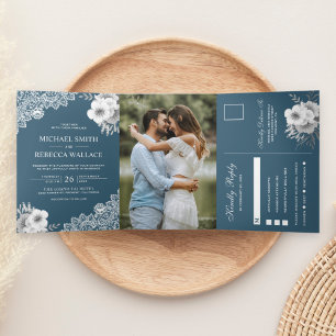Invitation Trois Volets Elégante Dusty Blue Floral dentelle Mariage Photo