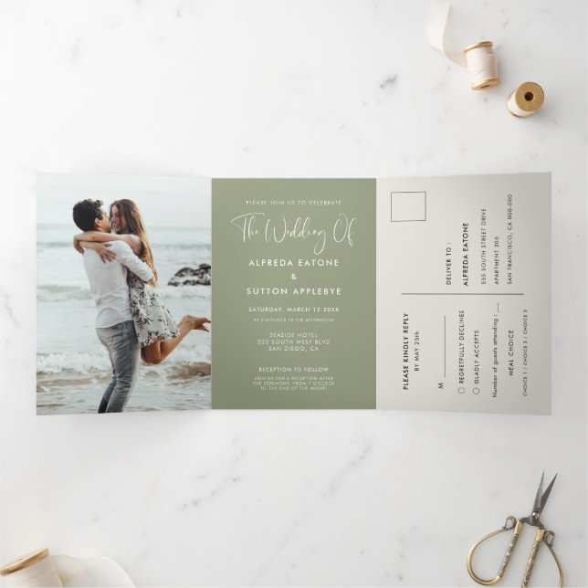 Invitation Trois Volets Elégante et moderne sauge verte photo mariage (Intérieur)