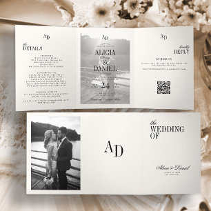 Invitation Trois Volets Élégante photo de mariage noir ivoire RSVP tout en