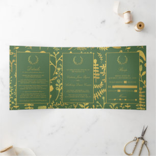 Invitation Trois Volets Elégante Suite Mariage dorée et verte fleurie