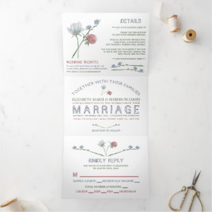 Invitation Trois Volets Elégante Suite Mariage Fleur sauvage blanche