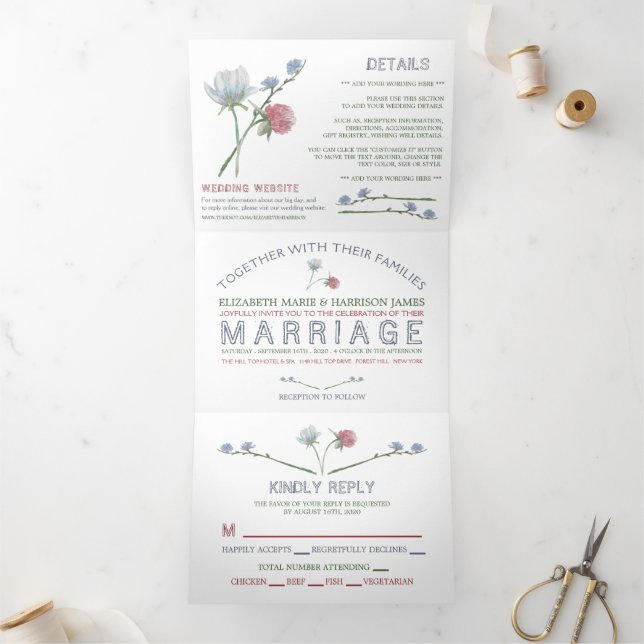 Invitation Trois Volets Elégante Suite Mariage Fleur sauvage blanche (Intérieur)