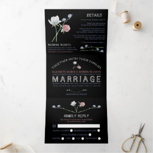 Invitation Trois Volets Elégante Suite Mariage Fleur sauvage noire