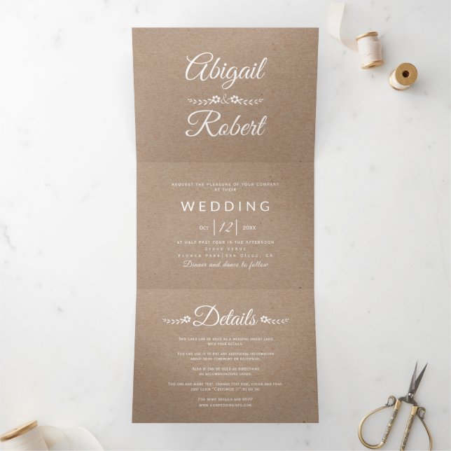 Invitation Trois Volets Élégante typographie kraft papier rustique mariage (Intérieur)