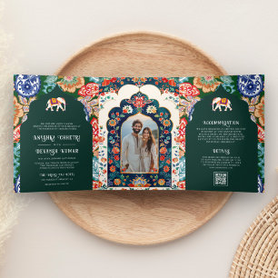 Invitation Trois Volets Éléphant de l'art populaire indien Vert Émeraude M
