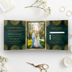 Invitation Trois Volets Emerald and Gold Asian Mandala Mariage indien