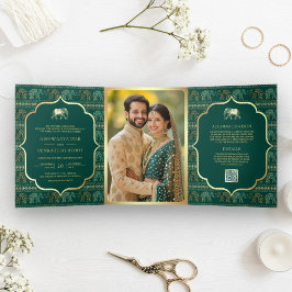 Invitation Trois Volets Emerald Green Elephant Mariage photo indien