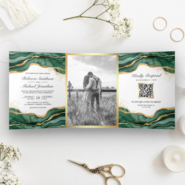 Invitation Trois Volets Emerald Green Gold Abstrait Enk QR Code Mariage (Créateur téléchargé)
