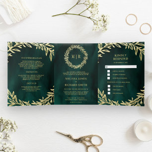 Invitation Trois Volets Emerald Green Gold Leaf Branche tout en un Mariage