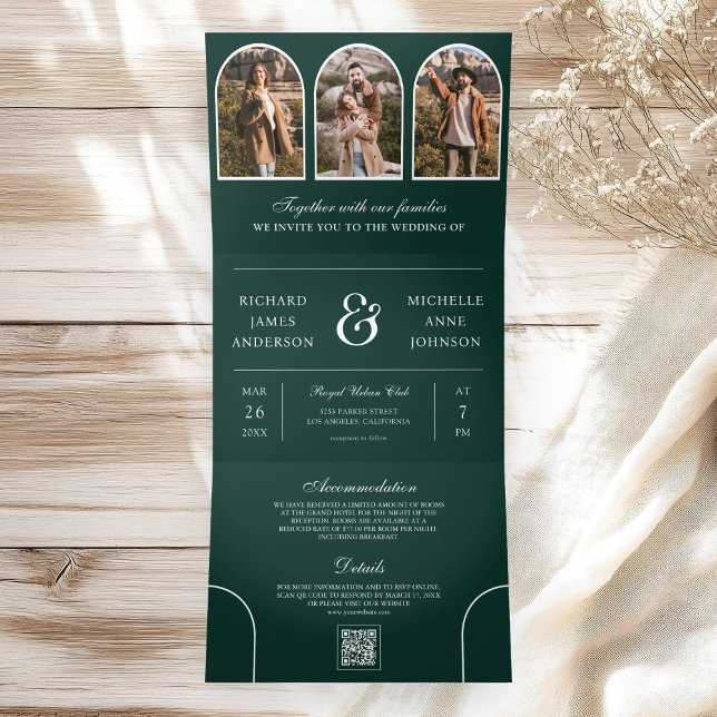 Invitation Trois Volets Emerald Green Minimal Arch Photo QR code Wedding (Créateur téléchargé)