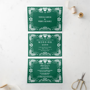 Invitation Trois Volets Emerald Green papel picado inséparables mariage
