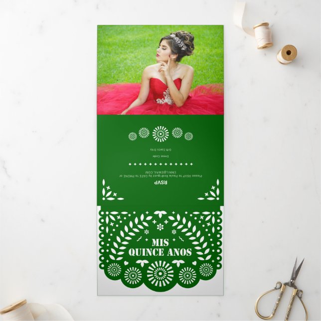 Invitation Trois Volets Emerald Green Papel Picado Mis Quince Años (Extérieur)
