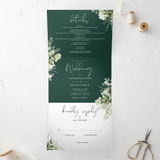 Invitation Trois Volets Emerald Modern Botanical Greenery Mariage photo (Intérieur)