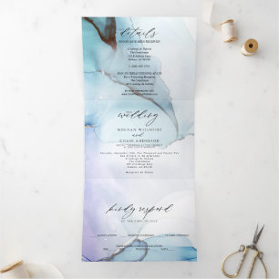Invitation Trois Volets Encre Abstraite Indigo Lavande Aquamarine