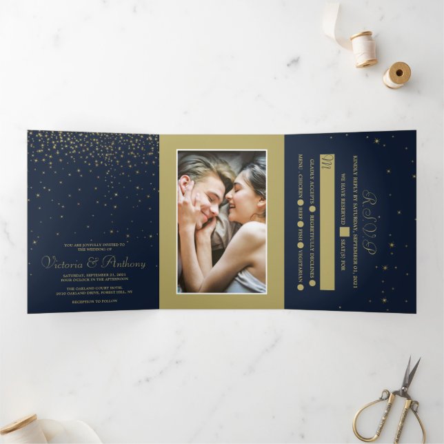 Invitation Trois Volets Ensemble de mariage Navy & Gold Elegant avec Etoil (Intérieur)