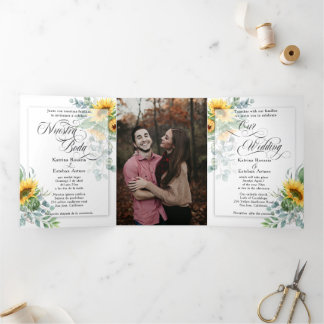 Invitation Trois Volets Español Anglais Fleurs de soleil Girasoles Amarill