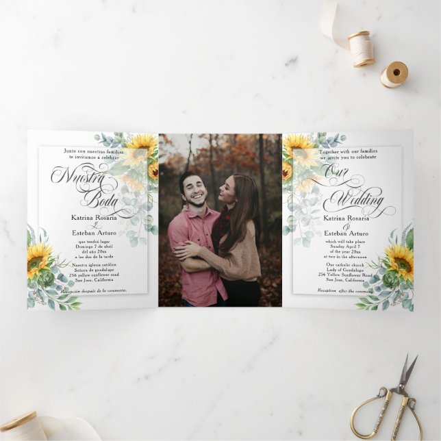 Invitation Trois Volets Español Anglais Fleurs de soleil Girasoles Amarill (Intérieur)