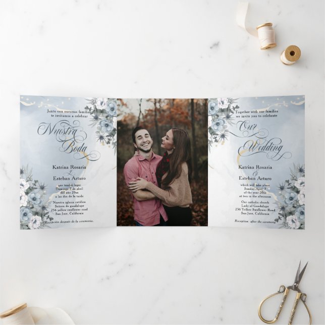 Invitation Trois Volets Español Anglais Flores Azules Fleurs Bleues (Intérieur)