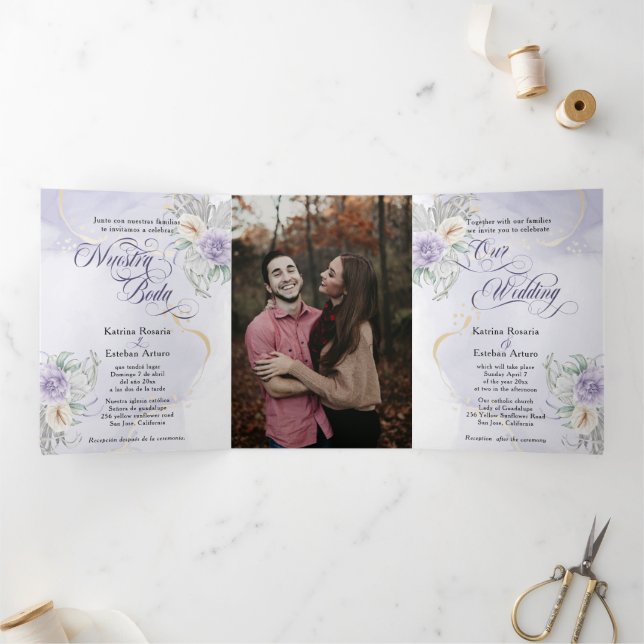Invitation Trois Volets Español Anglais Flores Lilac Lila Fleurs (Intérieur)