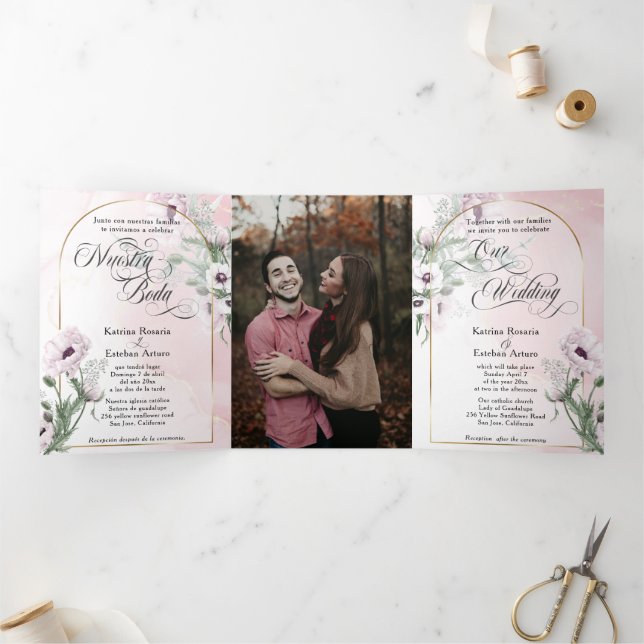 Invitation Trois Volets Español Anglais Flores Rosas Fleurs roses (Intérieur)