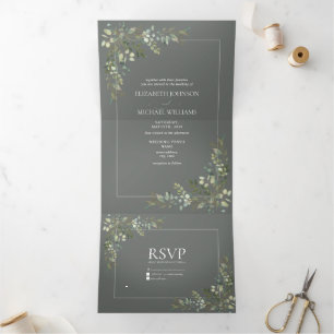 Invitation Trois Volets Eucalyptus Botanique Sage Vert Script Mariage Tri