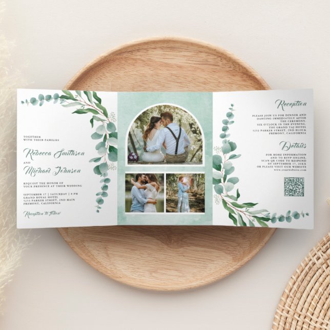 Invitation Trois Volets Eucalyptus Branch Photo Collage Code QR Mariage (Créateur téléchargé)