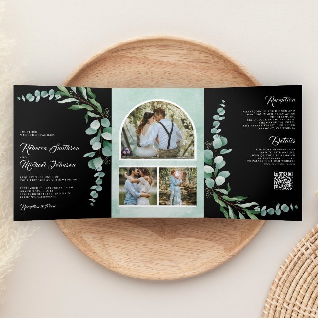 Invitation Trois Volets Eucalyptus Branch Photo QR Code Black Wedding (Créateur téléchargé)