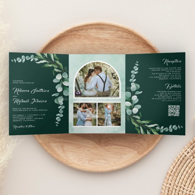 Invitation Trois Volets Eucalyptus Branch Photo QR Code Emerald Wedding (Créateur téléchargé)