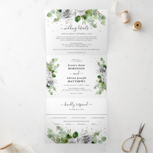 Invitation Trois Volets Eucalyptus Green & Gold Classic Mariage Tri-Fol (Intérieur)