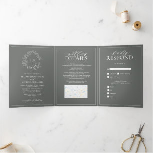 Invitation Trois Volets Eucalyptus Green Leafer Crest Monogram Mariage