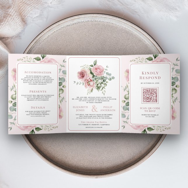Invitation Trois Volets Eucalyptus rose pâle en un seul Mariage (Créateur téléchargé)